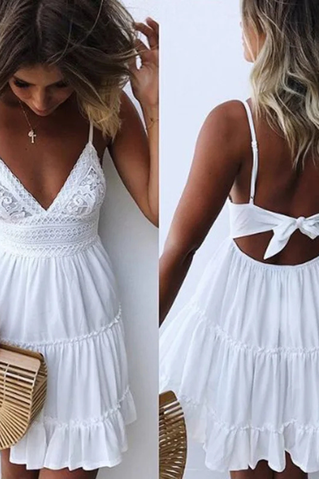Freja | Robe Mi-Longue d'Été en Dentelle Blanche Dos Ouvert à Bretelles