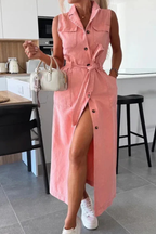 Lottie | Robe Longue en Jean Boutonnée Ceinturée Sans Manches