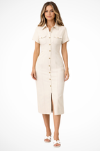 Orla | Robe Chemise Mi-Longue Ajustée en Jean à Manches Courtes