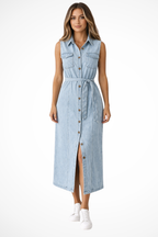 Lottie | Robe Longue en Jean Boutonnée Ceinturée Sans Manches