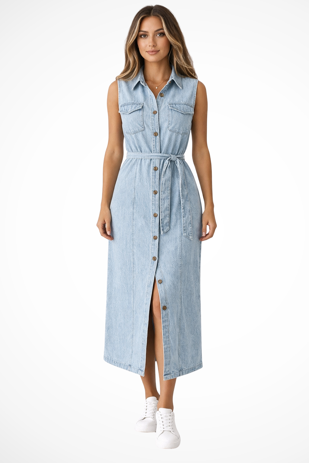 Lottie | Robe Longue en Jean Boutonnée Ceinturée Sans Manches