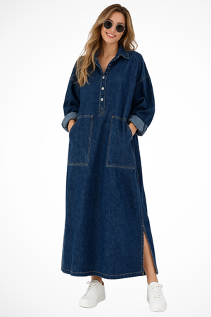 Margot | Robe Longue Oversize en Jean à Manches Longues et Poches