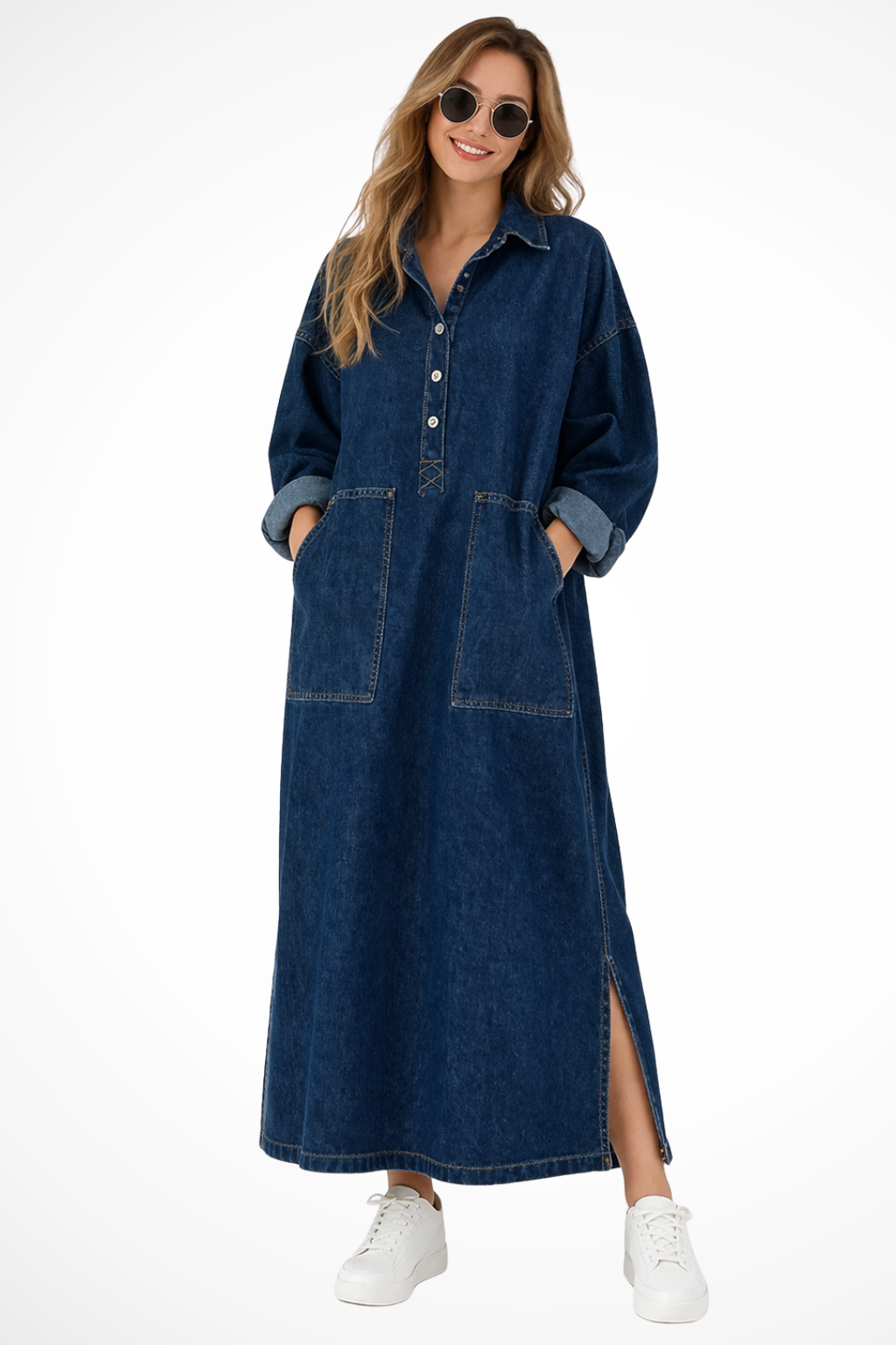 Margot | Robe Longue Oversize en Jean à Manches Longues et Poches
