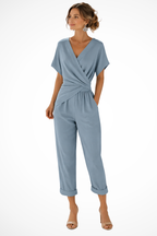 Celeste | Combinaison courte portefeuille à manches courtes et poches pour femme - Bleu