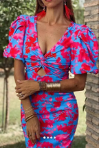 Sophia | Robe Mi-Longue Imprimée à Manches Bouffantes