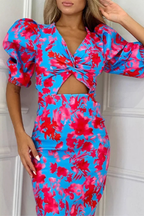Sophia | Robe Mi-Longue Imprimée à Manches Bouffantes