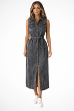 Lottie | Robe Longue en Jean Boutonnée Ceinturée Sans Manches