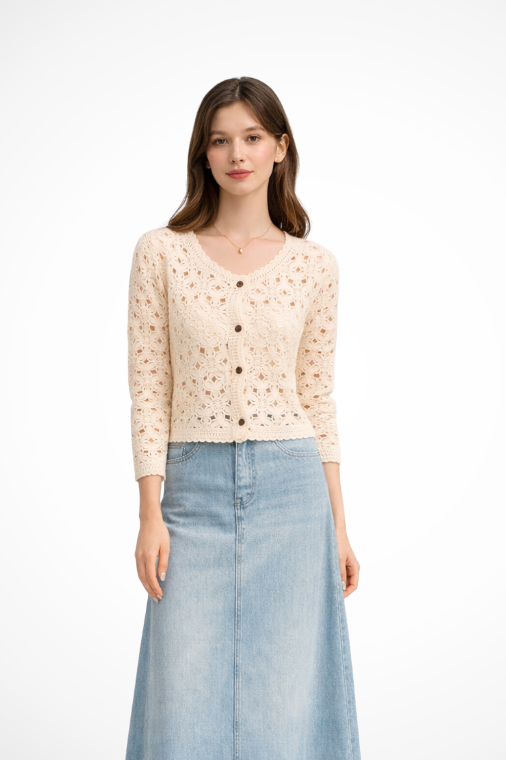 Agatha | Cardigan Court Femme en Crochet avec Détails Floraux