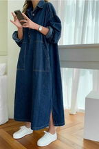 Margot | Robe Longue Oversize en Jean à Manches Longues et Poches