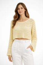 Lunara | Top Court Femme en Crochet à Manches Longues