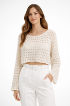 Lunara | Top Court Femme en Crochet à Manches Longues