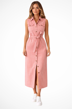 Lottie | Robe Longue en Jean Boutonnée Ceinturée Sans Manches