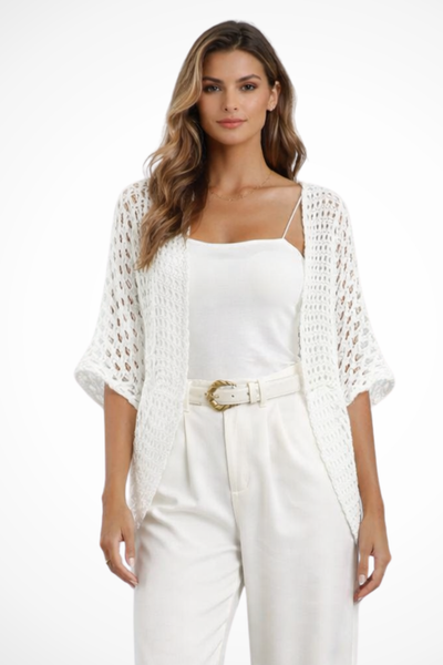 Hattie, Cardigan en crochet ouvert à manches courtes