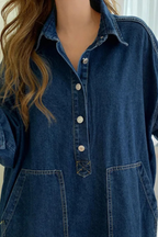 Margot | Robe Longue Oversize en Jean à Manches Longues et Poches