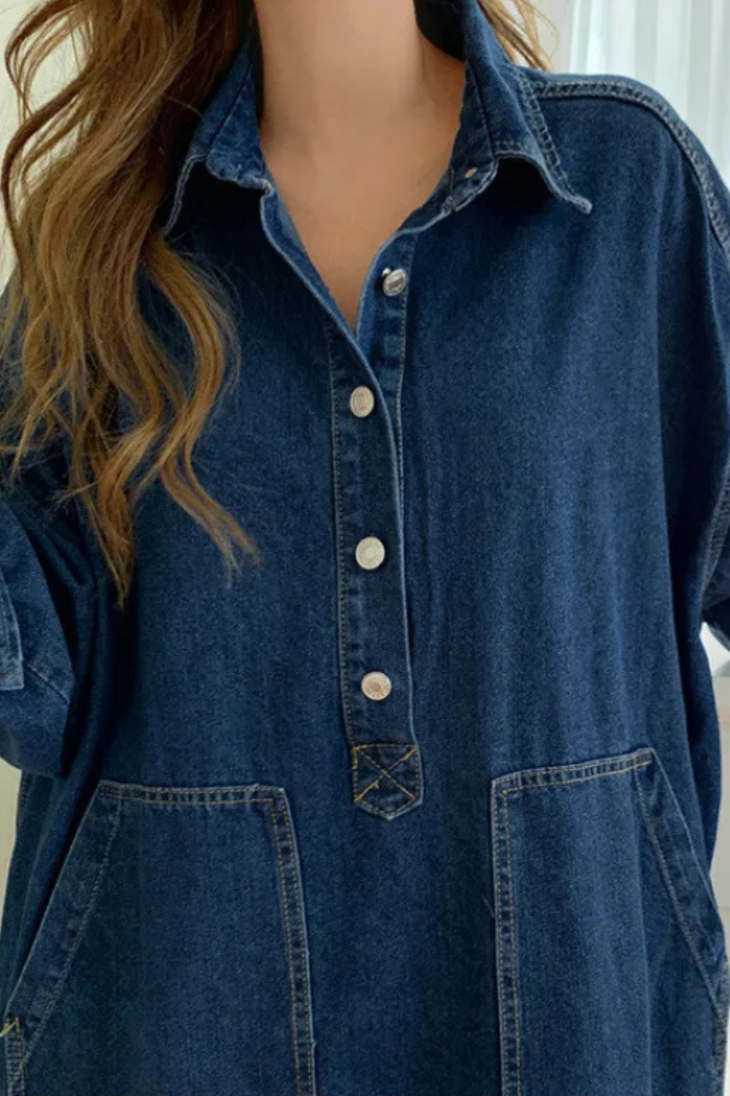 Margot | Robe Longue Oversize en Jean à Manches Longues et Poches