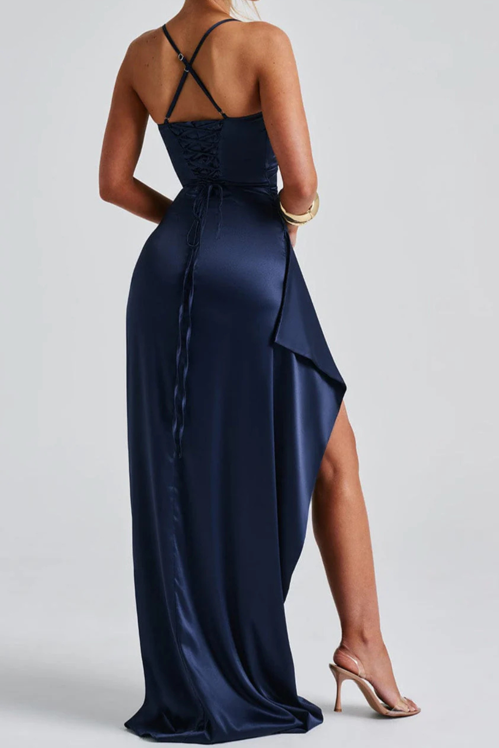 Avelisse | Robe Longue Froncée Très Fendue à Fines Bretelles