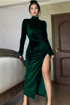 Nyra | Robe Longue Froncée Fendue à Manches Longues