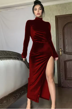 Nyra | Robe Longue Froncée Fendue à Manches Longues