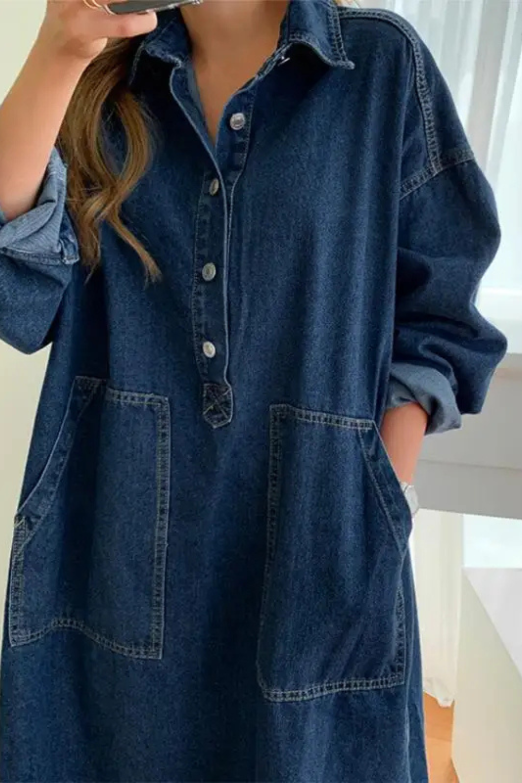 Margot | Robe Longue Oversize en Jean à Manches Longues et Poches