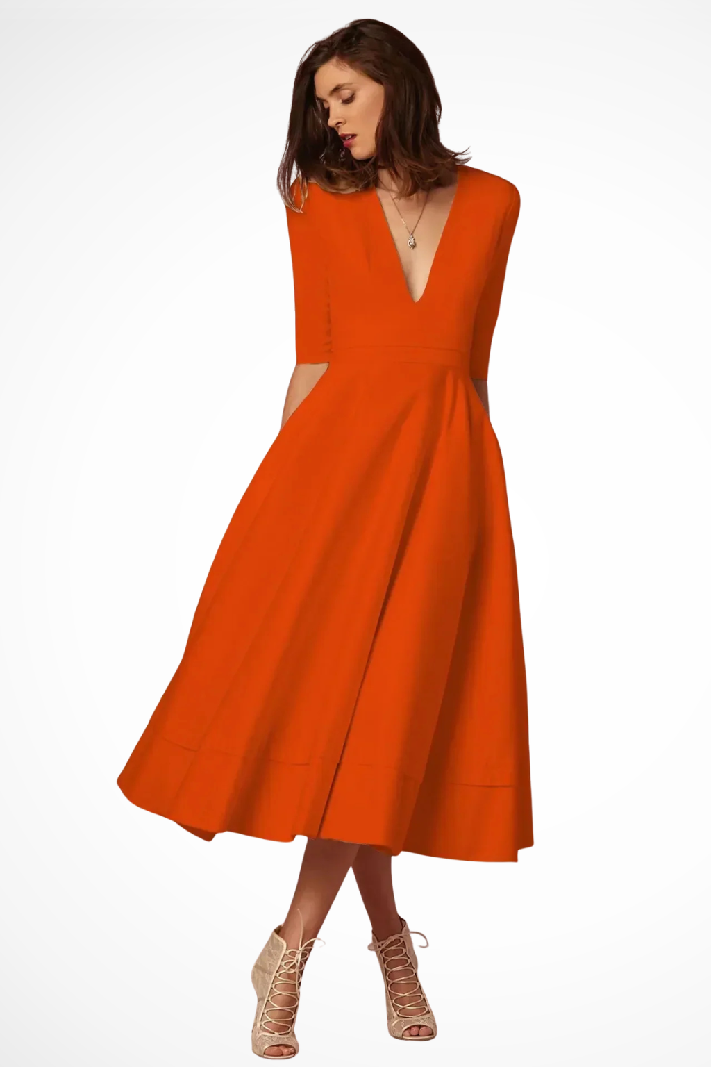 Roselle | Robe Mi-Longue Évasée à Col V Plongeant et Demi-Manches
