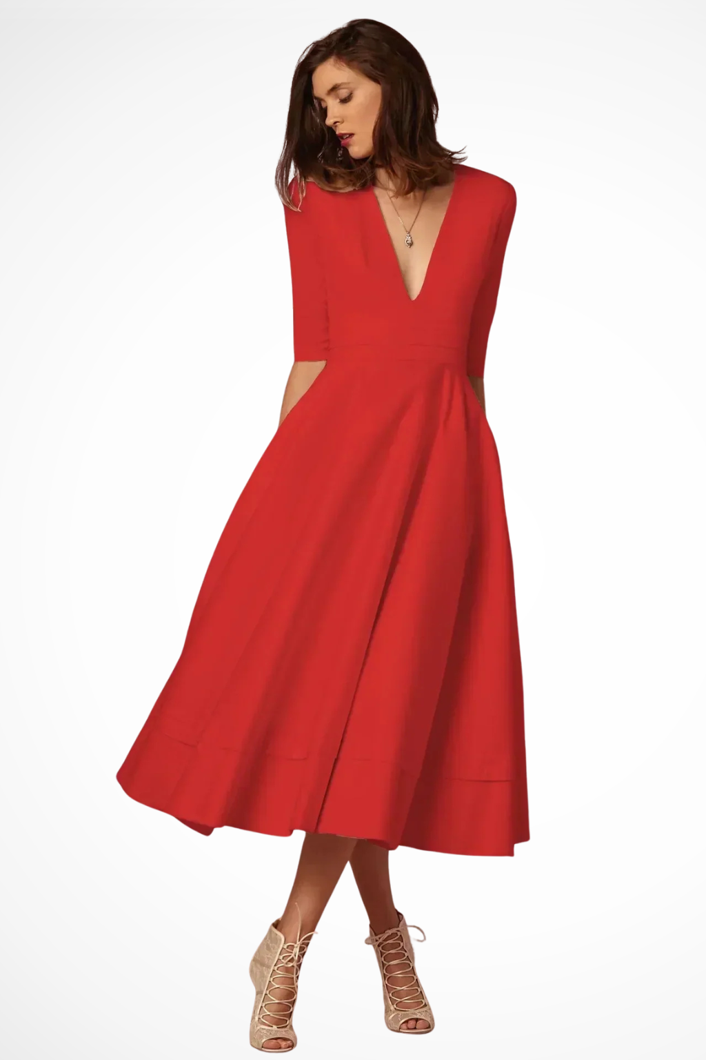 Roselle | Robe Mi-Longue Évasée à Col V Plongeant et Demi-Manches
