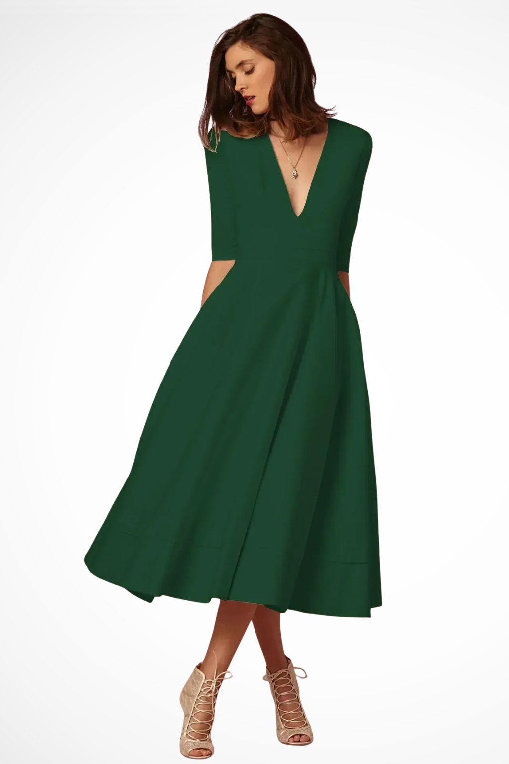 Roselle | Robe Mi-Longue Évasée à Col V Plongeant et Demi-Manches