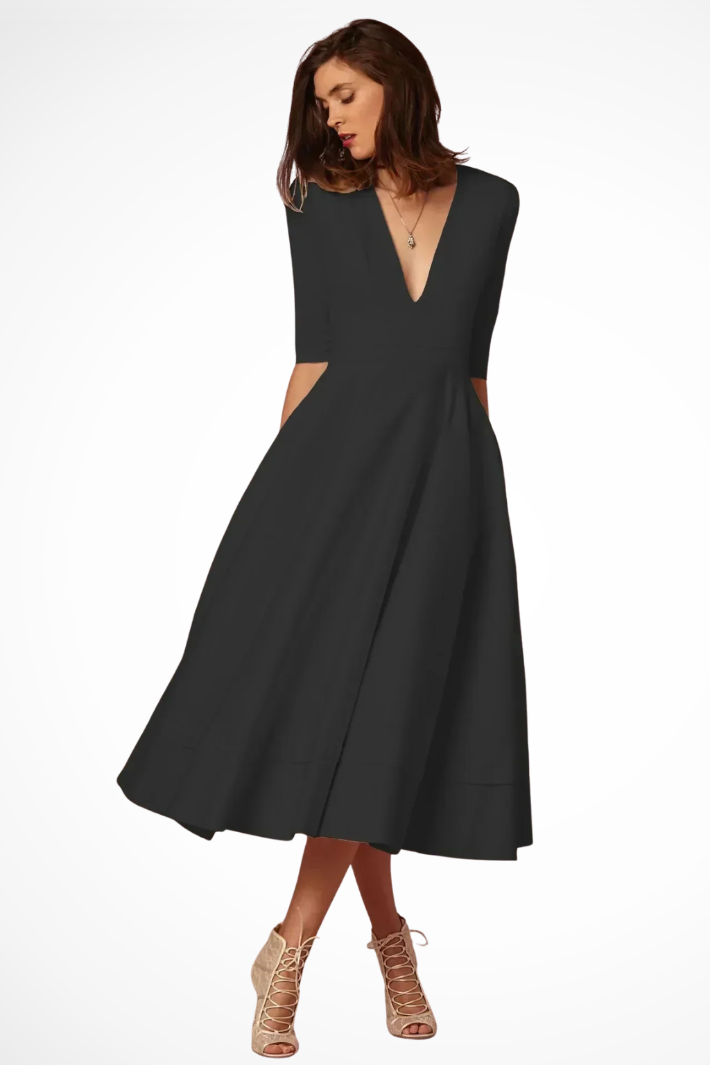 Roselle | Robe Mi-Longue Évasée à Col V Plongeant et Demi-Manches