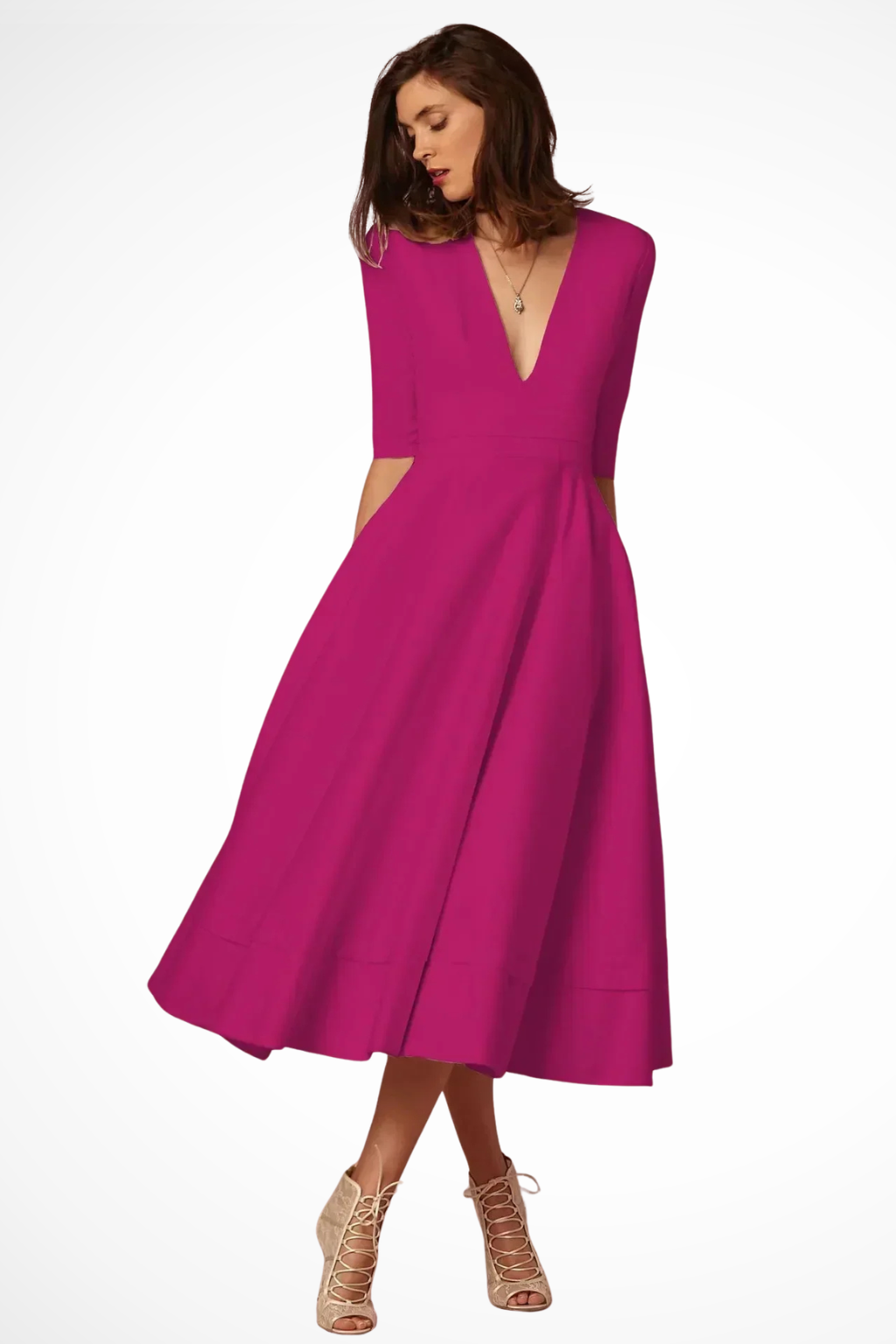 Roselle | Robe Mi-Longue Évasée à Col V Plongeant et Demi-Manches
