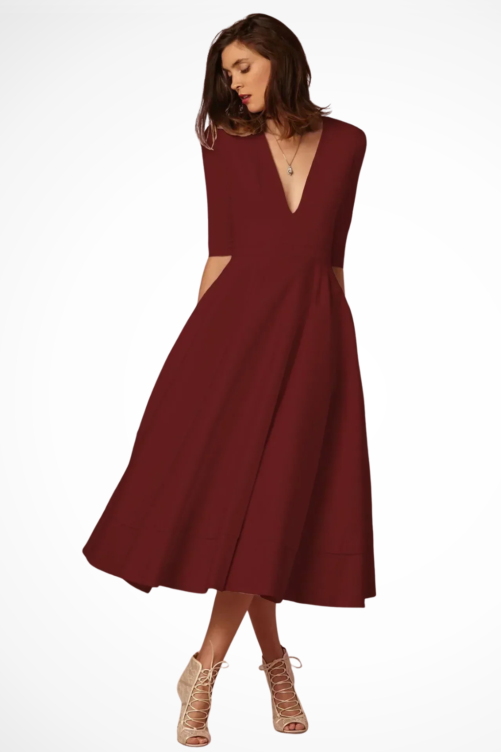 Roselle | Robe Mi-Longue Évasée à Col V Plongeant et Demi-Manches
