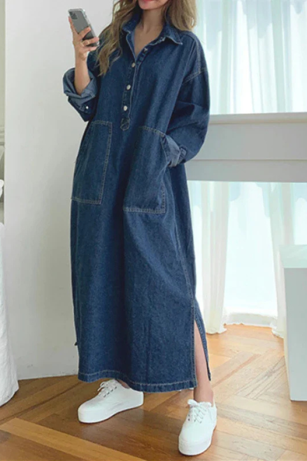 Margot | Robe Longue Oversize en Jean à Manches Longues et Poches