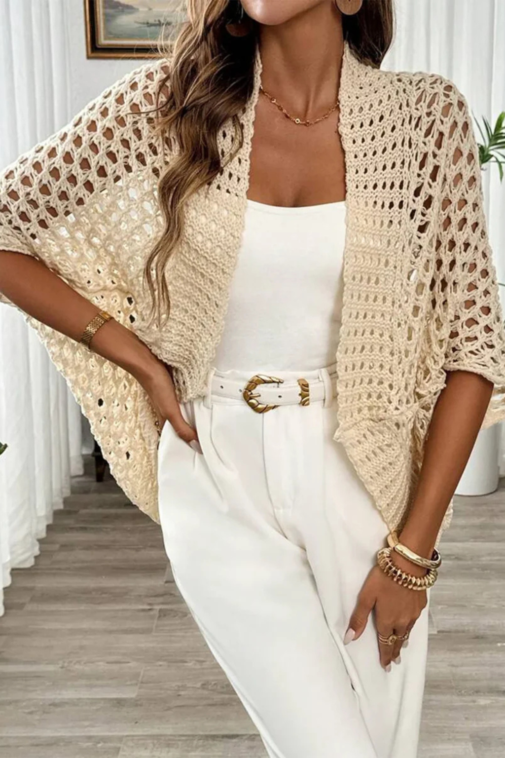 Hattie | Cardigan Femme en Crochet Ouvert à Manches Courtes