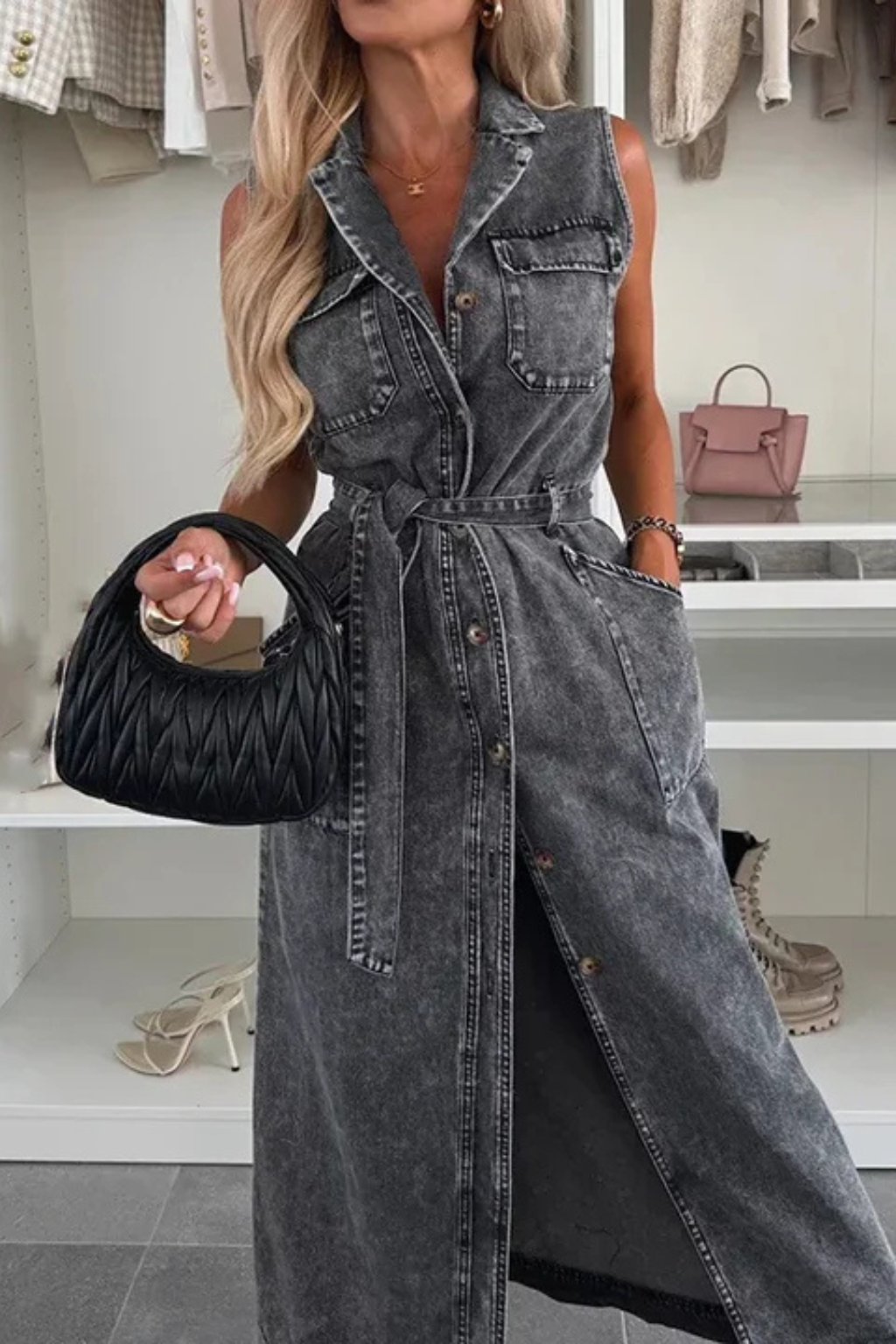 Lottie | Robe Longue en Jean Boutonnée Ceinturée Sans Manches