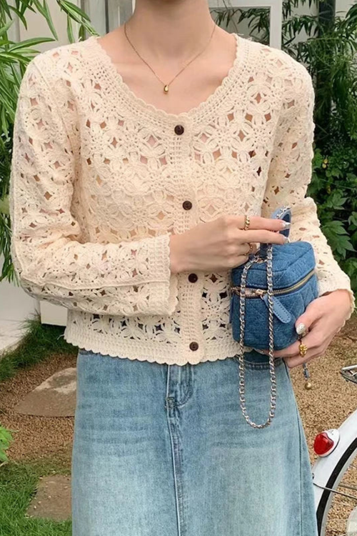 Agatha | Cardigan Court Femme en Crochet avec Détails Floraux