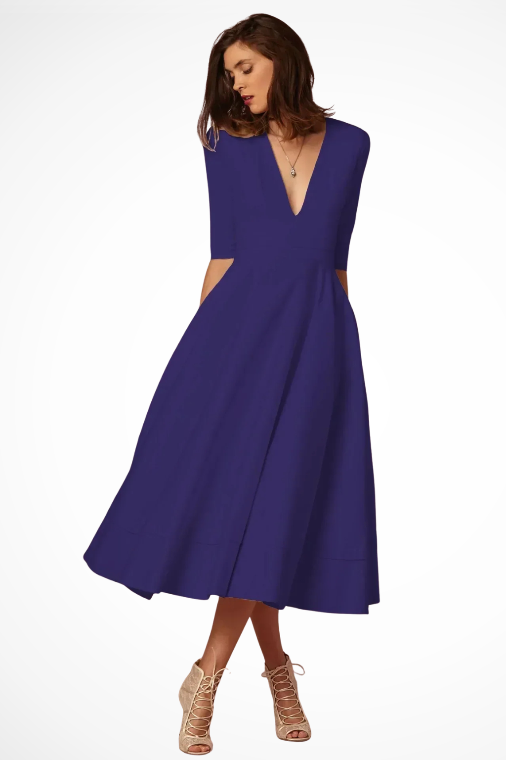 Roselle | Robe Mi-Longue Évasée à Col V Plongeant et Demi-Manches
