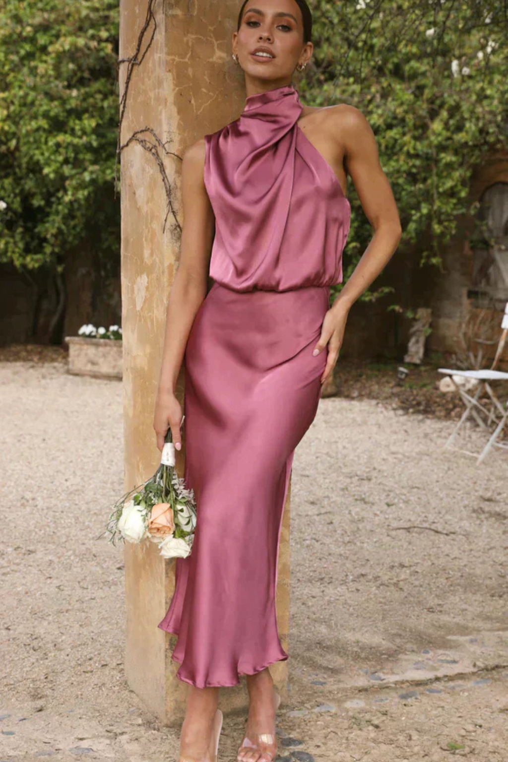 Amelina | Robe Mi-Longue Dos Nu en Satin