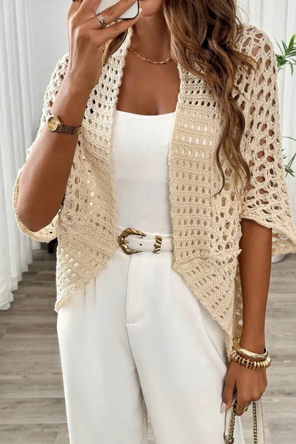 Hattie | Cardigan Femme en Crochet Ouvert à Manches Courtes