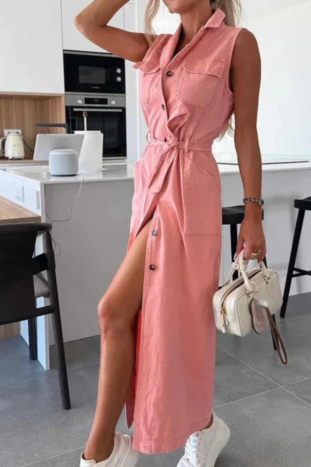 Lottie | Robe Longue en Jean Boutonnée Ceinturée Sans Manches