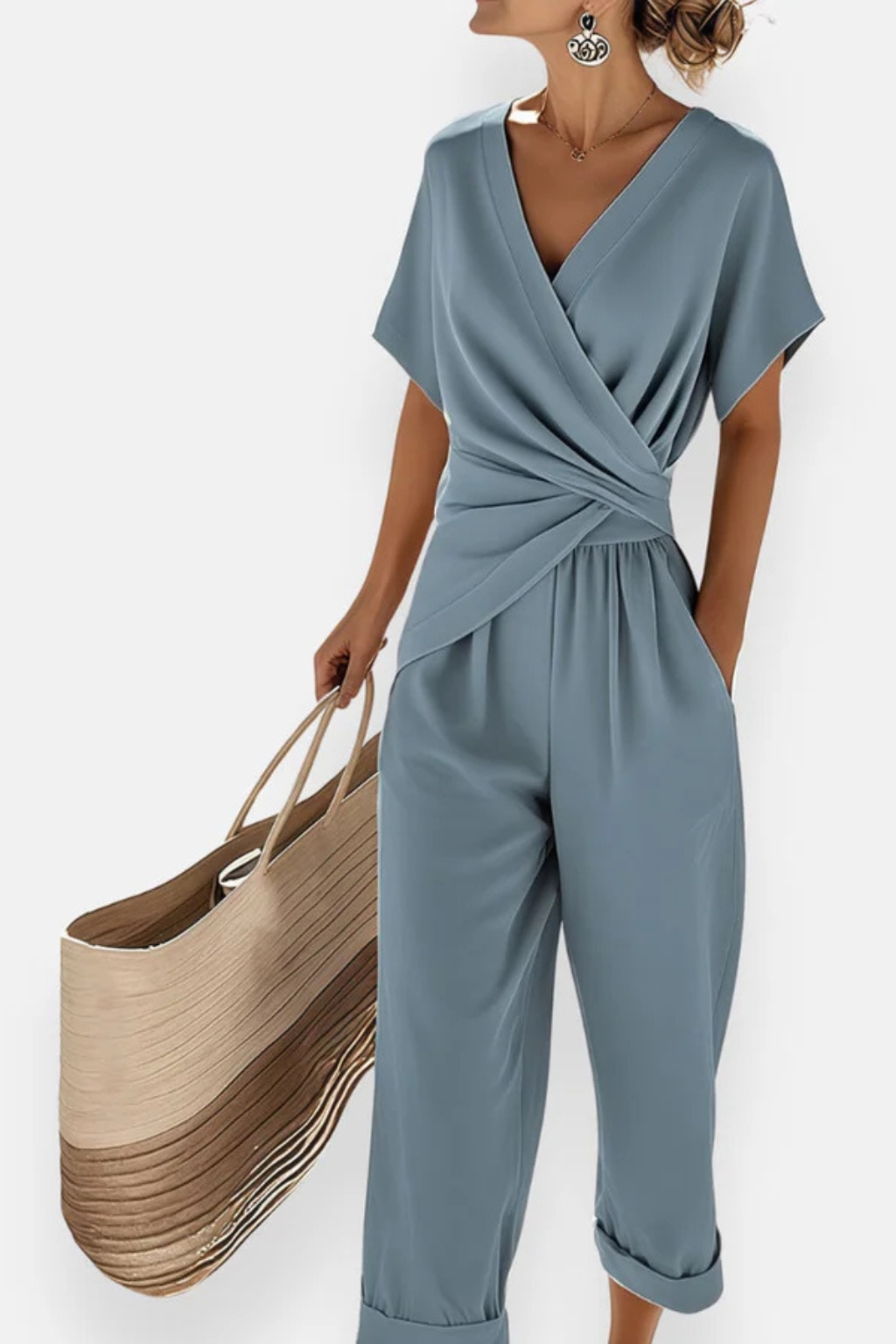 Celeste | Combinaison courte portefeuille à manches courtes et poches pour femme - Bleu