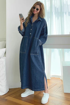 Margot | Robe Longue Oversize en Jean à Manches Longues et Poches