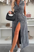 Lottie | Robe Longue en Jean Boutonnée Ceinturée Sans Manches