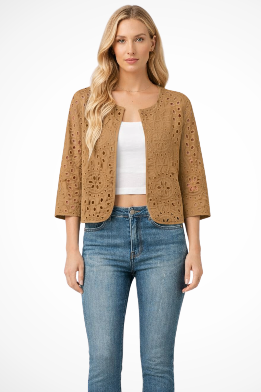 Imogen | Cardigan Court Femme en Crochet avec Détails Broderie Anglaise