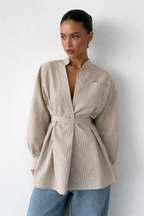 Maren | Chemise Femme à Col Montant Manches Longues Ceinturée à Rayures