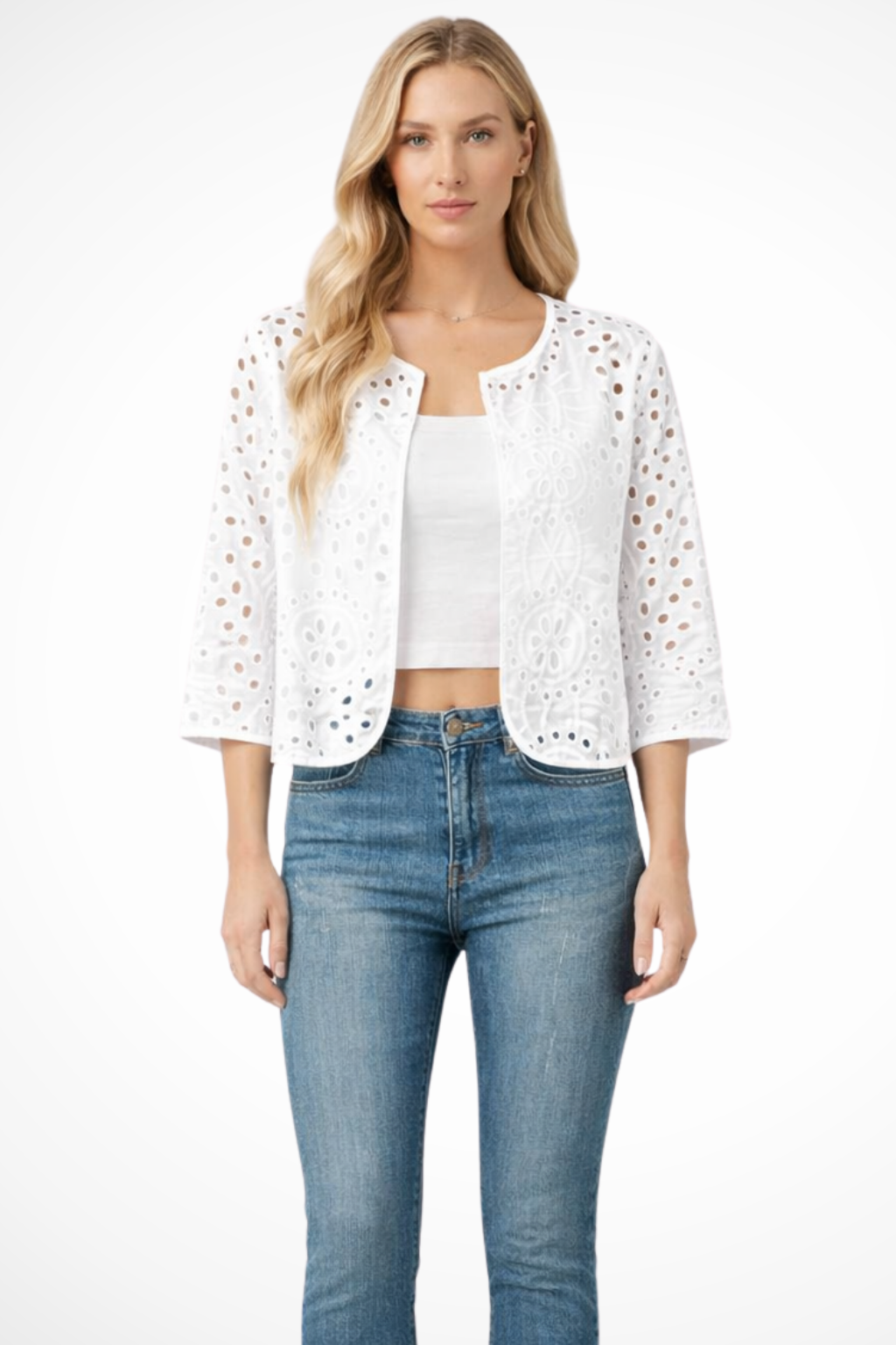 Imogen | Cardigan Court Femme en Crochet avec Détails Broderie Anglaise