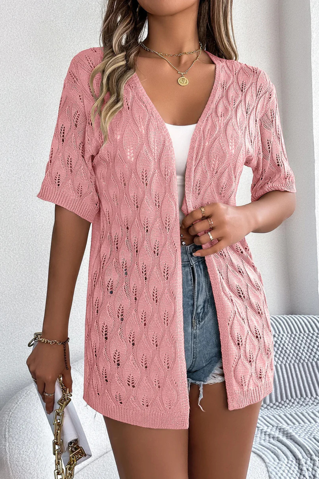 Winona | Cardigan Femme en Crochet à Manches Courtes