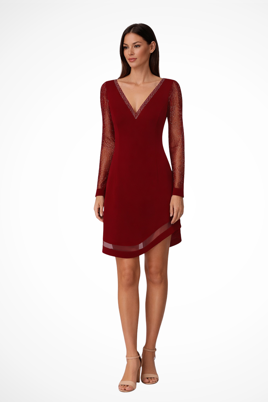 Aureline | Robe Mi-Longue Col V à Manches Longues Transparentes