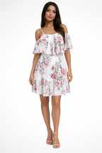 Lila | Robe Courte Bohème en Mousseline à Fleurs et Épaules Dénudées