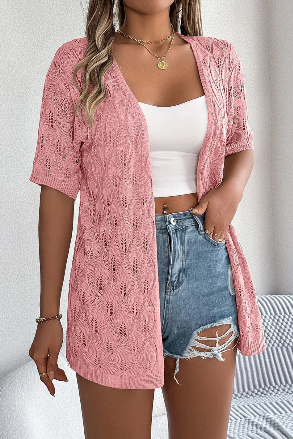 Winona | Cardigan Femme en Crochet à Manches Courtes