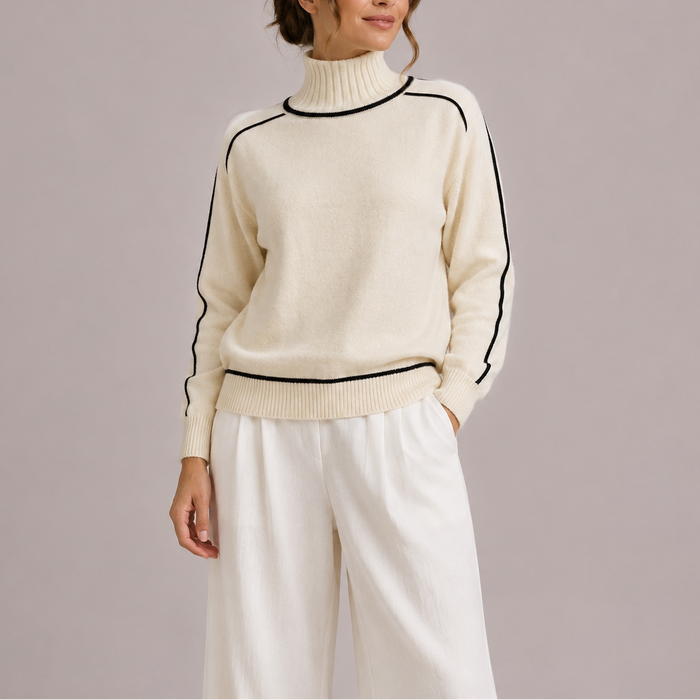 PAULINE - pull col roulé à liserés contrastants pour femme