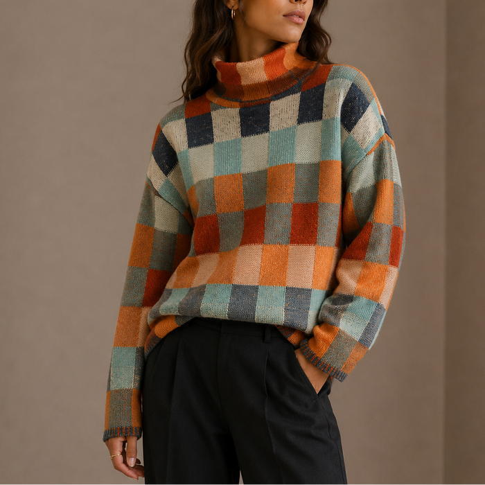 VALENTINE - pull col roulé à carreaux pour femme
