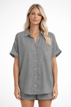 Phoebe | Chemise Femme Surdimensionnée Boutonnée Manches Courtes avec Poche Poitrine